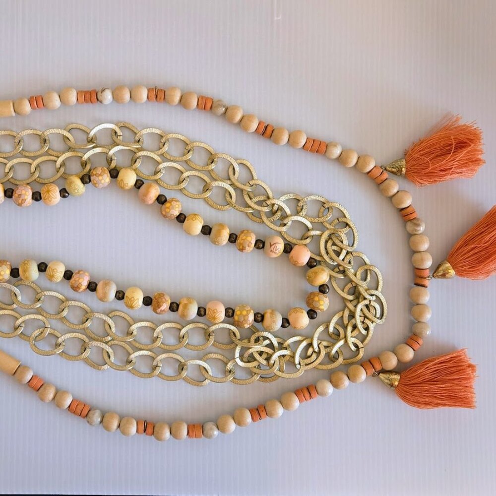 Bundle of THREE gold and natural‎ toned necklaces